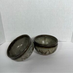Handmade Studio Pottery Stoneware Bowl Set Rustic Drip Glaze Brushstroke Design